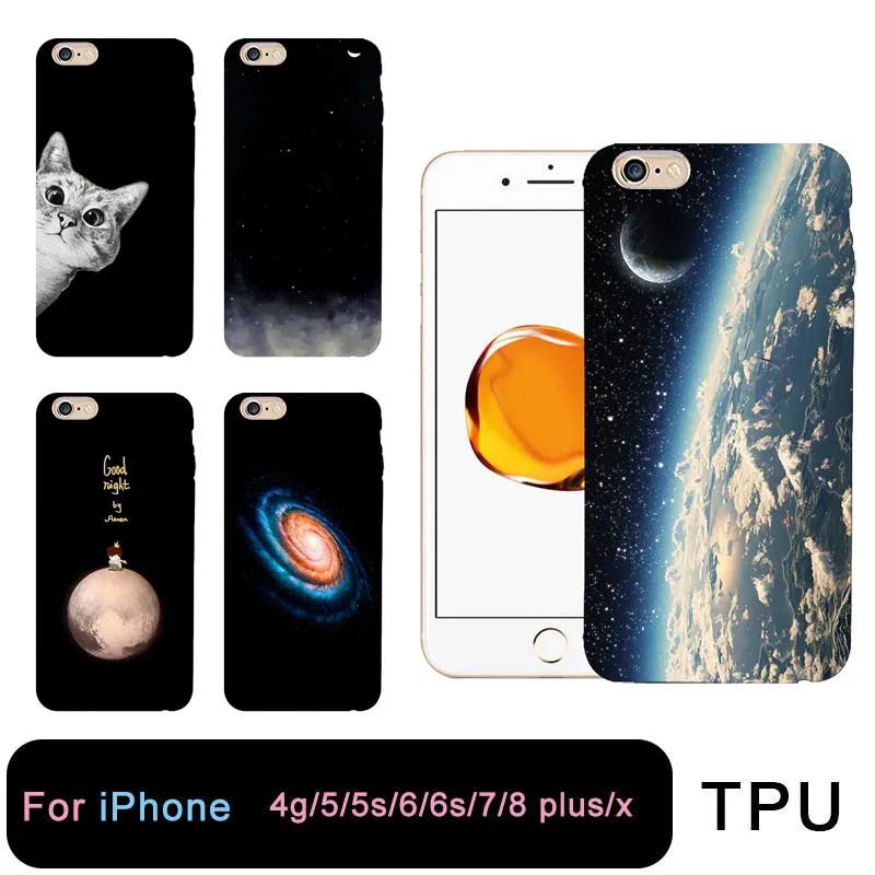 Мягкий черный чехол для телефона iPhone 6S 5S 7plus 8plus 6plus Moon Sun Space Мультяшные кошки