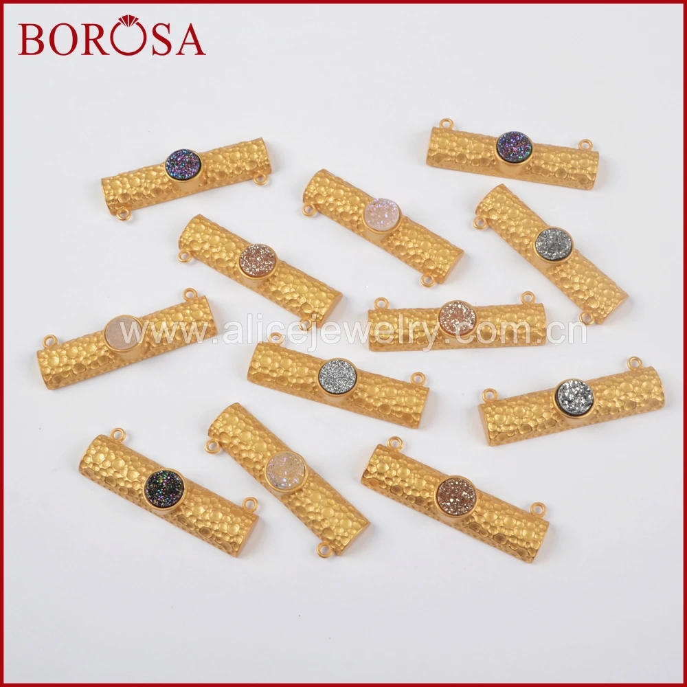 BOROSA 10PCS Rectangle Plating Color Druzy Connectors with Round Natural Agates Titanium Rainbow Pendant for DIY Necklace ZG0203 | Украшения