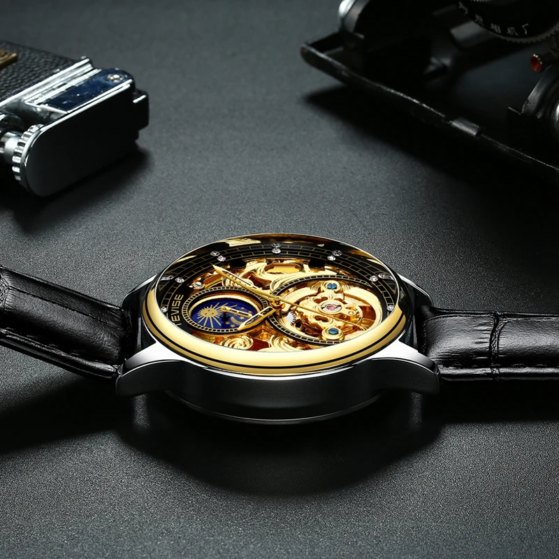 Tevise кожаные механические Автоматические часы для мужчин бизнес Tourbillon Moon Phase Skeleton