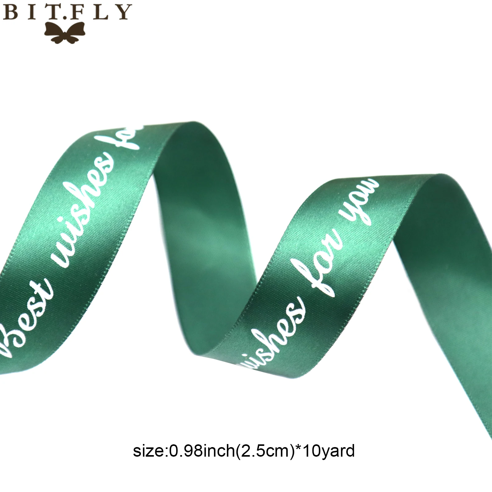 Лента для упаковки в подарок BIT. FLY 25 мм 10 ярдов с принтом надписью Best Wish Grosgrain