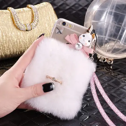 

Cute Soft Fluffy Rabbit Warm Fur Case For Samsung S9 S8 S10 Plus S20 Ultra Note10 9 8 Cover Fashion Elegant Bling Diamond Case