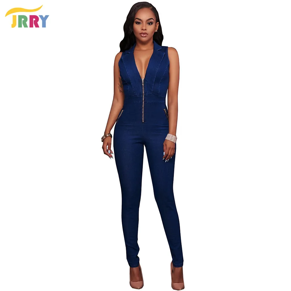 JRRY Повседневный длинный отложной воротник молнии женский джинсовый комбинезон