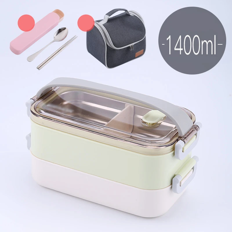 2 layer Green-Bag 1 Горячая Распродажа для микроволновой печи герметичный Ланч-бокс пластиковый из нержавеющей стали Портативный пищевой контейнер с отделениями Бенто-бокс для пикника набор - Цвет: 2 layer Green-Bag 1