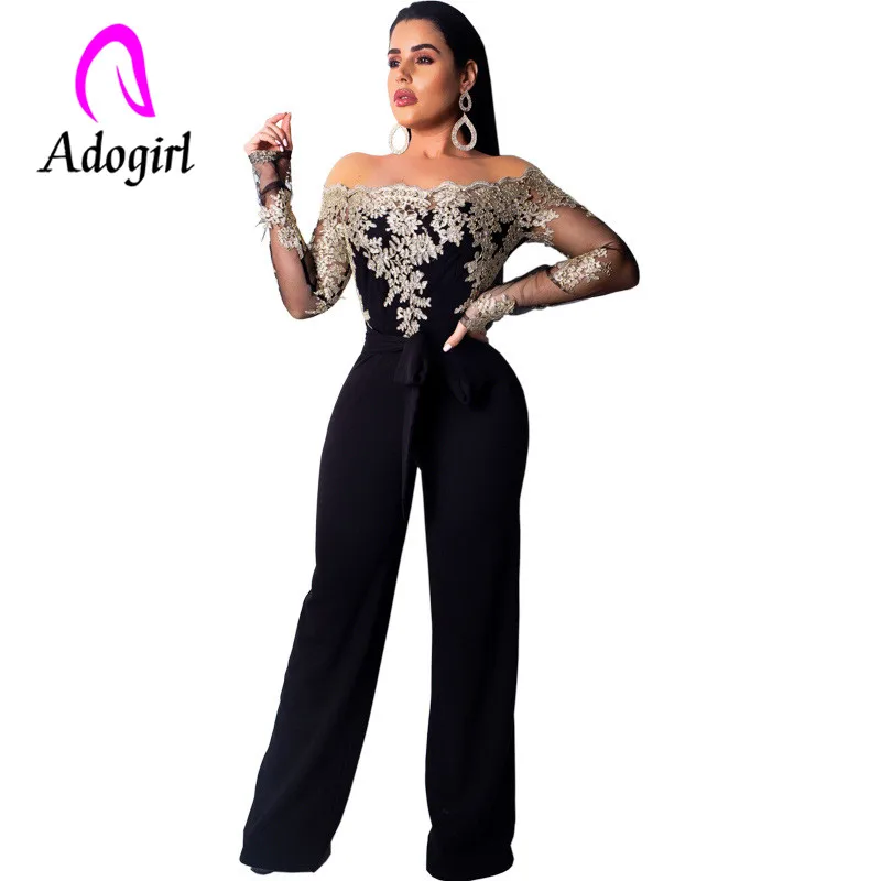 Adogirl golden embroidery jumpsuits wide leg long sleeve slash neck Water soluble lace jumpsuit floral suit | Женская одежда