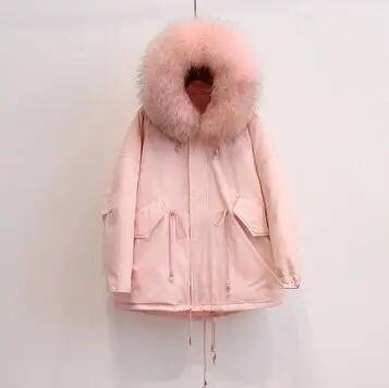 huge pink color fur Большой натуральный мех енота, высокое качество, зимняя куртка для женщин, теплый женский длинный пуховик, куртка на белом утином пуху, свободное зимнее пальто - Цвет: huge pink color fur