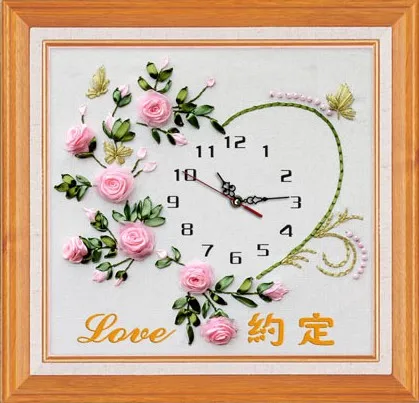 Роза Цветок Любовь шелк искусственная арабская цифра часы ручная работа Вышивка
