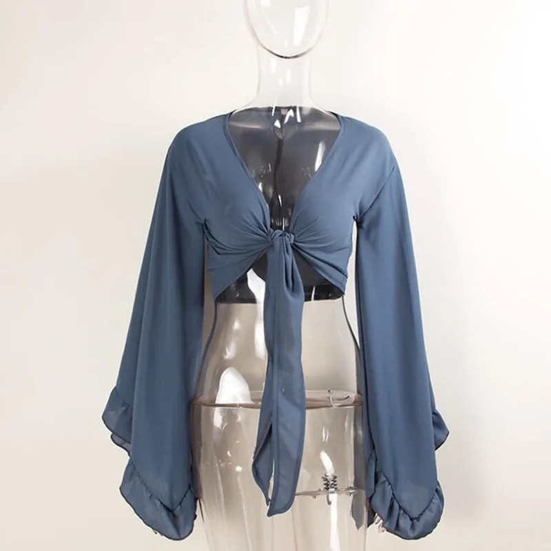 2017 летняя Новинка Dope Muli цветная шифоновая блузка с расклешенным рукавом и бантом