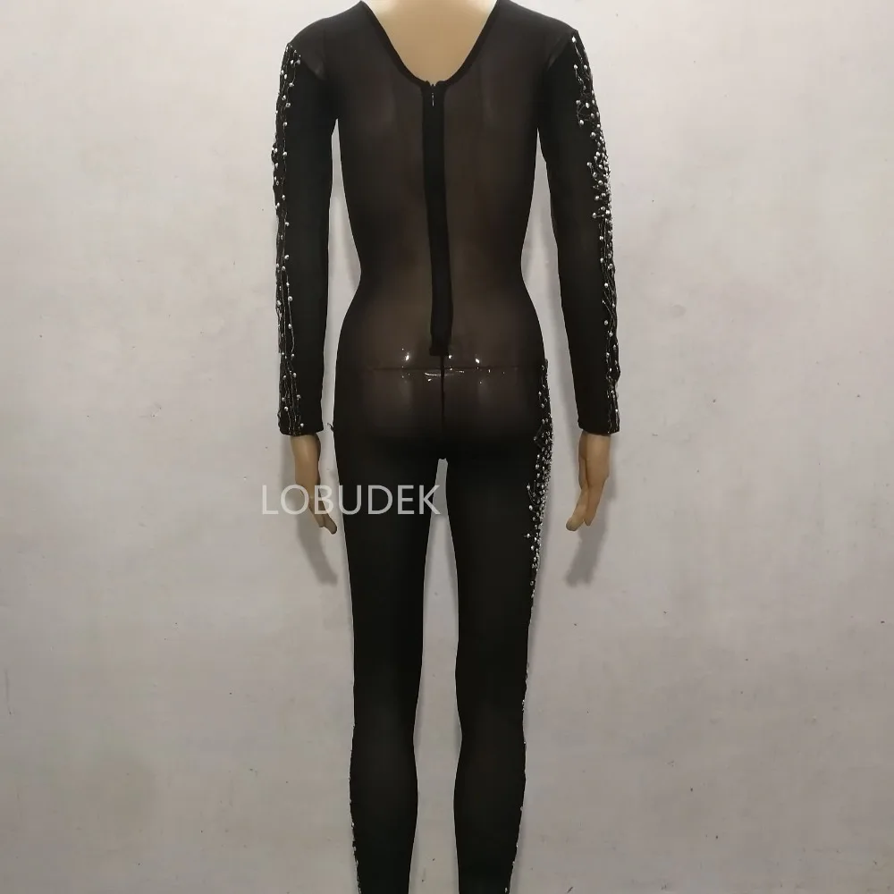 Черный Прозрачный женский комбинезон Zentai в сеточку боди с блестящими