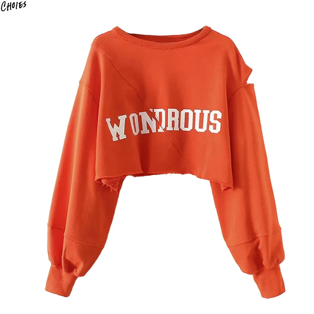 Оранжевая надпись Печать выдалбливают с длинным рукавом обрезанная Толстовка