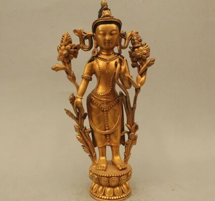 Copper Brass CHINESE crafts Asian 14"China Tibet Buddhism Bronze 24K Gold Stand Lotus Flower Hand Kwan-Yin Statue | Дом и сад