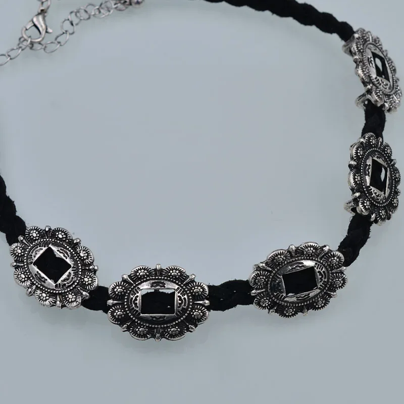 Цветок Резной Кулон Крутящий Момент Ожерелье Кожа Витой Старинное Серебро