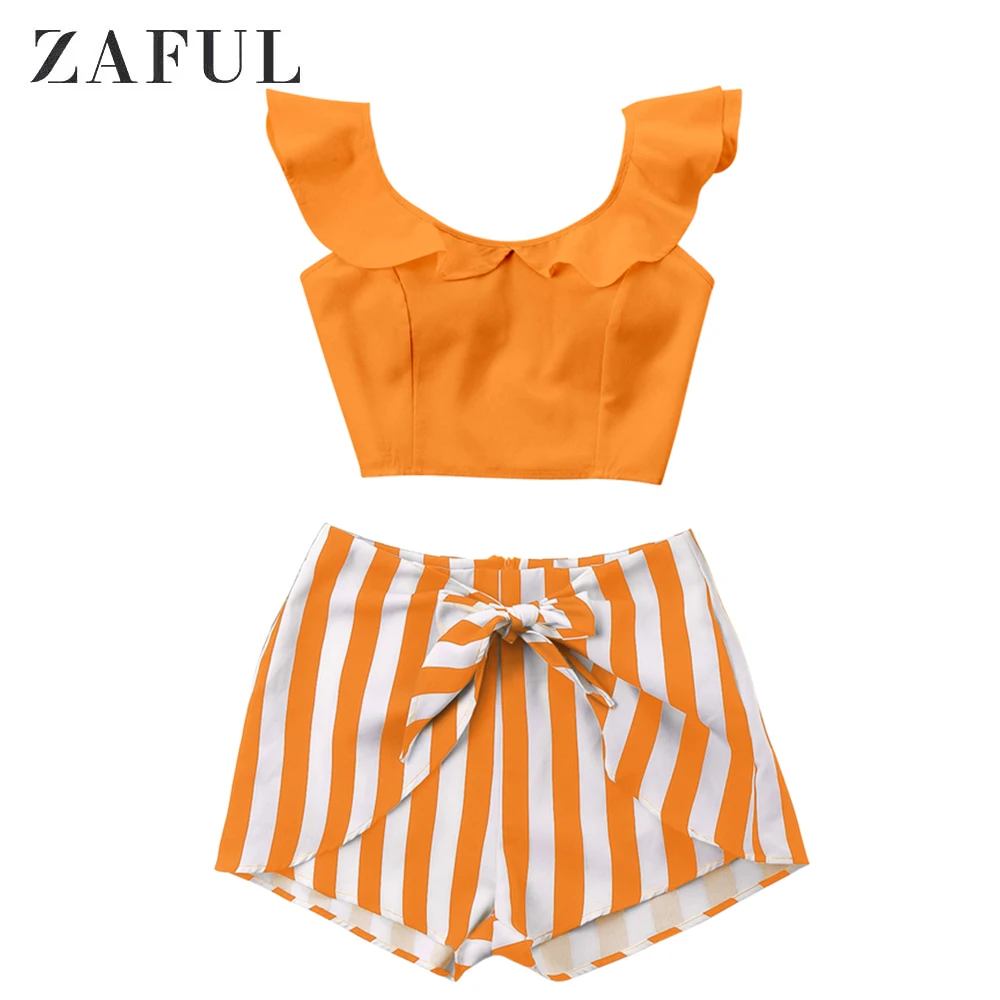 ZAFUL, повседневный летний женский укороченный топ, Женский комплект из двух предметов, Обрезанные Топы на молнии с высокой талией, трендовые полосатые шорты, костюмы