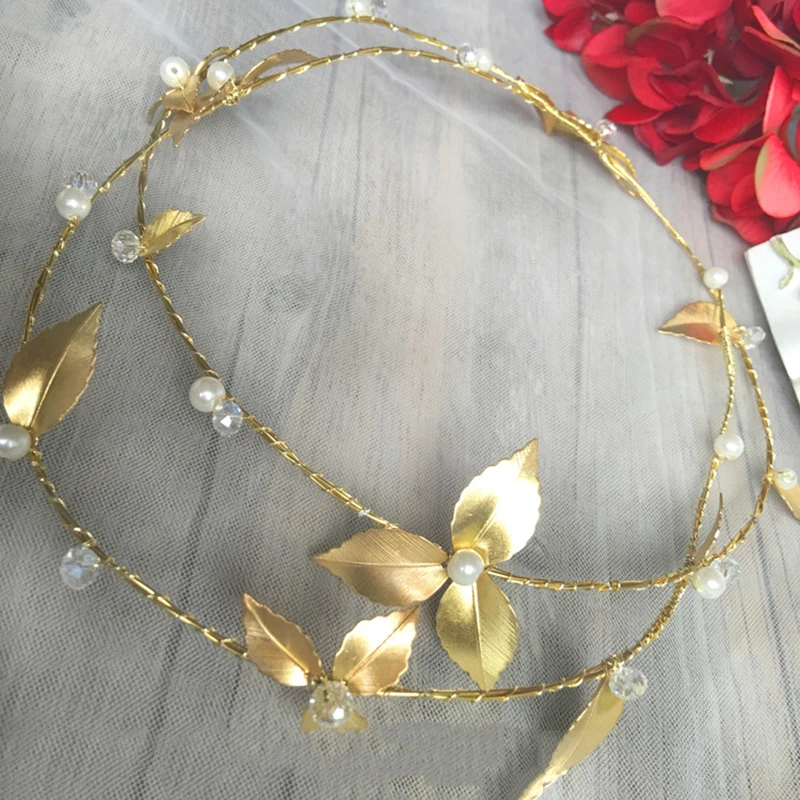 HIMSTORY Free Bending Gold Color Leaf Pearl Hair Jewelry Crystal Headband Girls Ornaments Bridal Wedding Accessories | Украшения и
