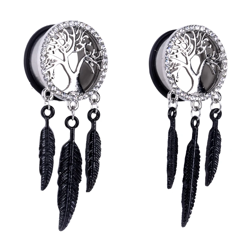 1 Pair Surgical Steel Crystal Tree of Life Feather Dangle Ear Plugs Saddle Flesh Tunnel Gauge Expander Body Piercing Jewelry|Украшения