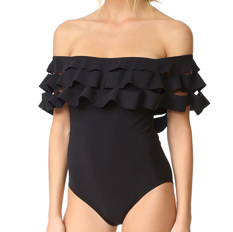 BiLvLanLv Women One-piece Swimsuit Ruffle Sexy Off Shoulder Bodysuit Swimwear Solid Black Red Hollow Beach Wear Bathing Suit | Спорт и