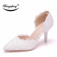 bao ya fang womens bridal shoes white pink lace pearl shoes fashion fine heeled pointed sandals sweet hollow two piece sandals