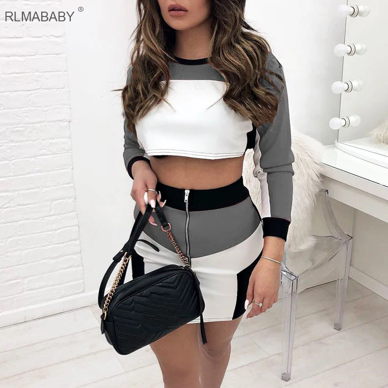 RLMABABY осень зима лоскутное спортивный костюм для женщин укороченный топ и юбка с