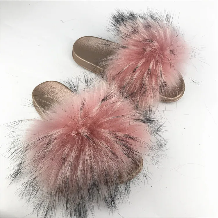 2019 real Red Raccoon Fur Sandals Women Slides Fox Hair Flat Fluffy Fashion Home Summer Big Size Natural Furry Flip Flops Shoes
