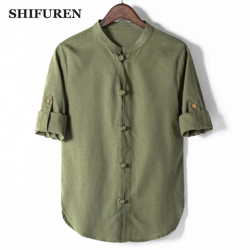 

SHIFUREN New Spring Causal Men Cotton Linen Shirts Three Quarter Sleeve Chinese Traditional Male Social Shirts Breathable Tops