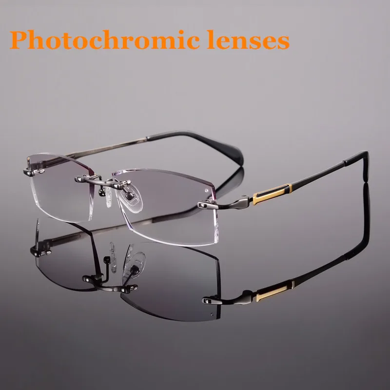 Grey photochromic Титановые очки для мужчин без оправы по рецепту для чтения близорукость фотохромные прогрессивные очки большие широкие очки с цветными линзами - Цвет оправы: Grey photochromic
