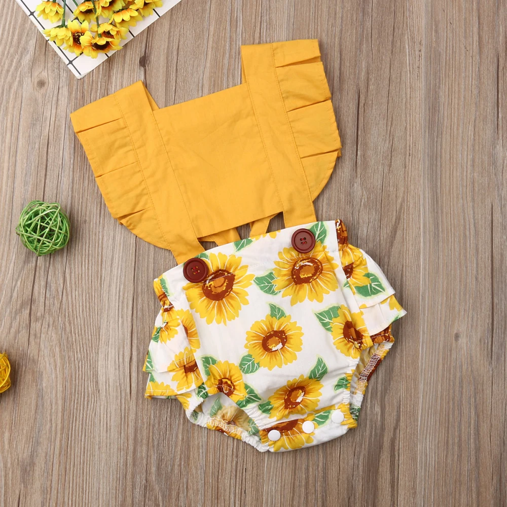 Toddler Baby Girls Sunflower Bodysuit Ruffles Short Sleeve Print Jumpsuit Outfit Set Sunsuit Clothes |