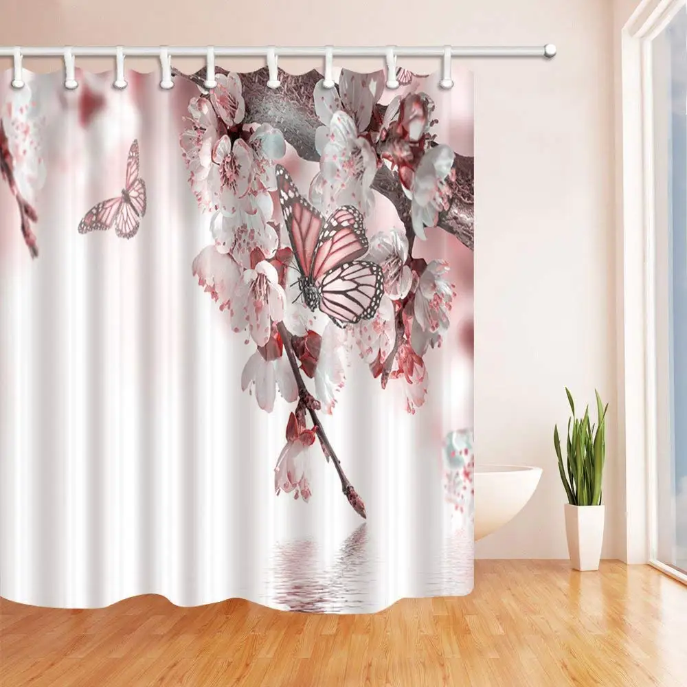 

Flower Decor Peach Blossom with Butterfly Flying Shower Curtain Polyester Fabric Bathroom Fantastic Decorations Bath Curtains