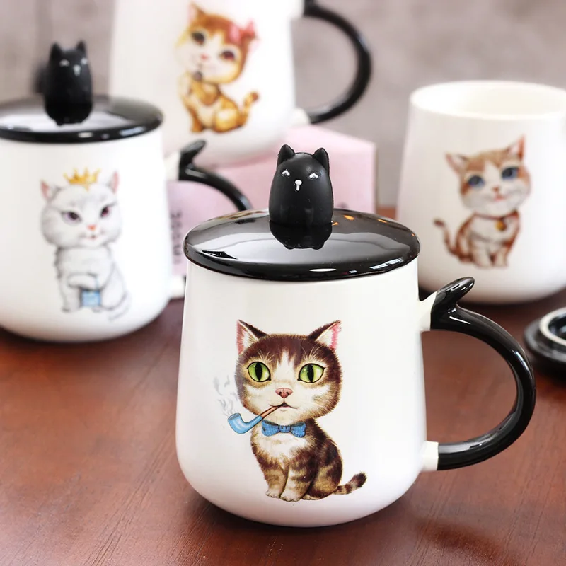 Креативные керамические кофейные кружки с 3D кошачьей крышкой с крышкой и ложкой, чашка для чая, сока, молока, подарок для девочки, керамические кружки в мультяшном стиле