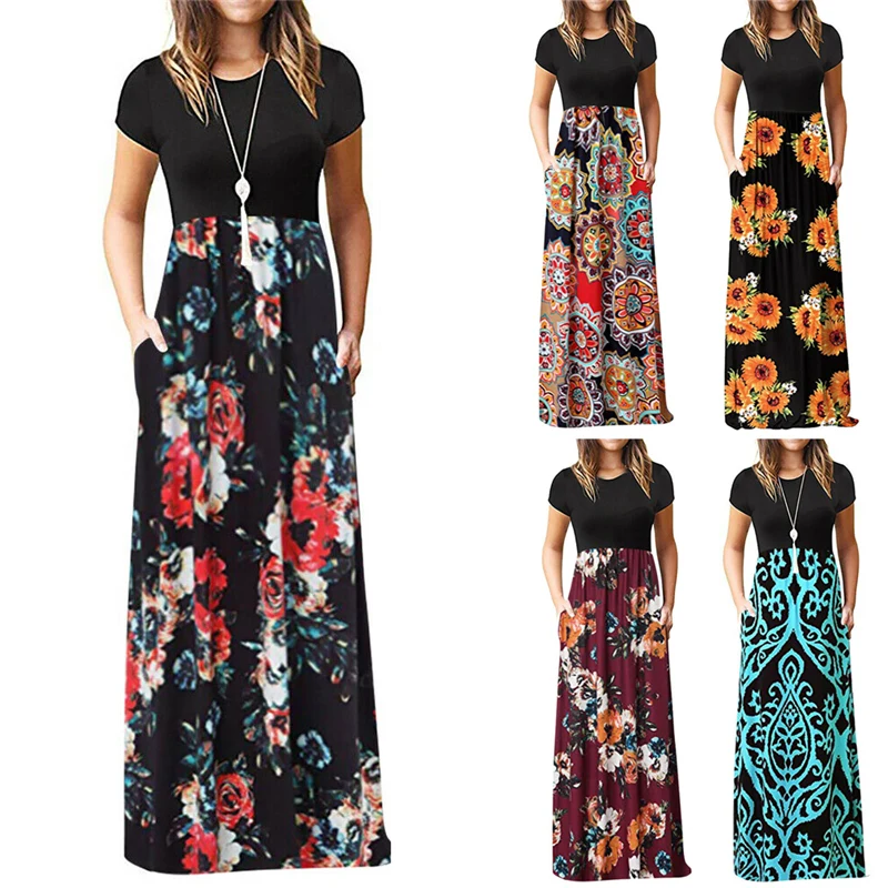 Women Elegant Dress 2019 Summer Boho Floral Stripe Short Sleeve O Neck Maxi Long Shift Dresses Office Lady Work Plus Size | Женская
