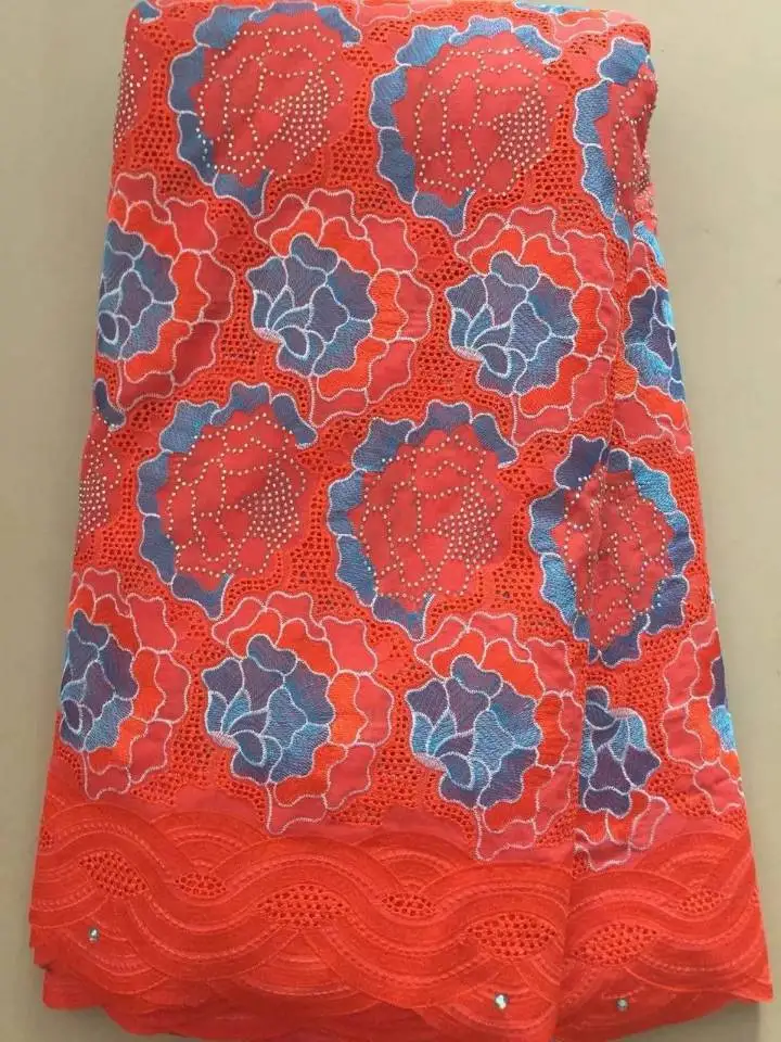 

5Yards/pc Most popular orange african cotton fabric and rhinestone embroidery swiss voile lace for clothes LC6-7