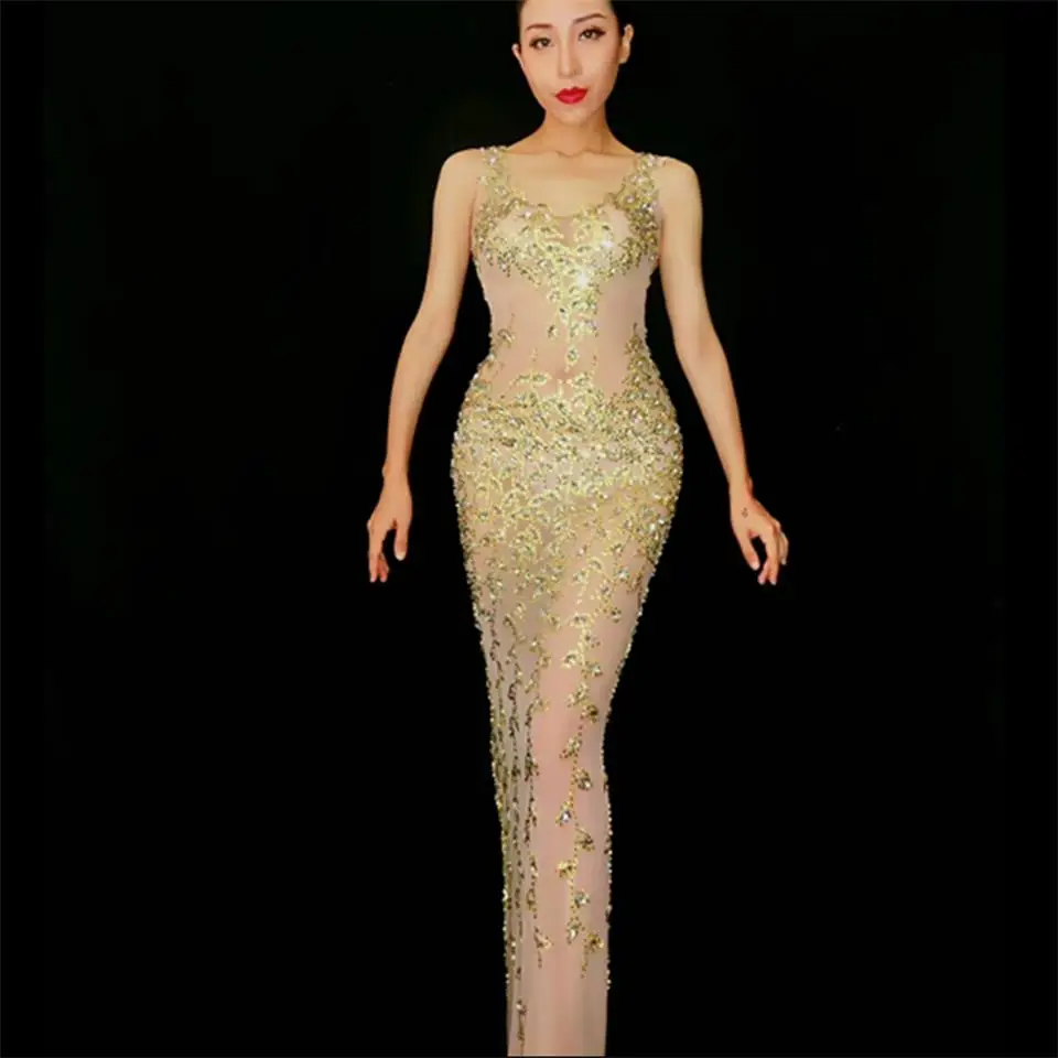 

Stage Long Split Sparkly Crystal Women Bodycon Rhinestone Dress Nightclub Party Bling Women Outfit Birthday Celebrate Clothing