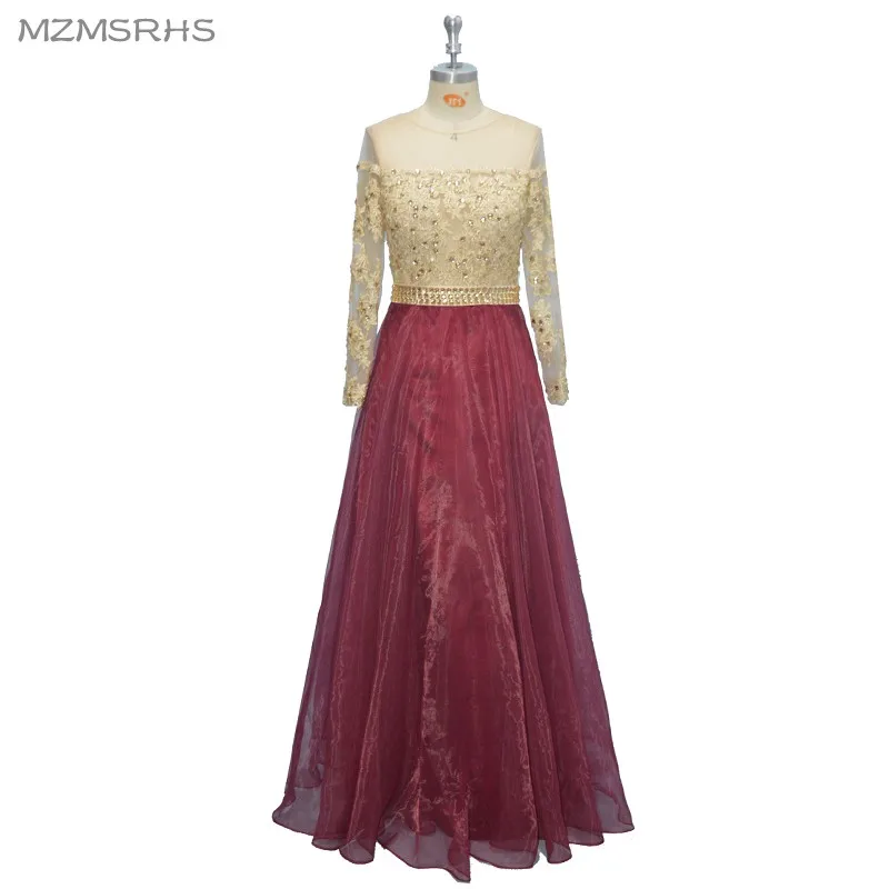 Элегантное вечернее платье с длинным рукавом золотистые Аппликации Украшенные