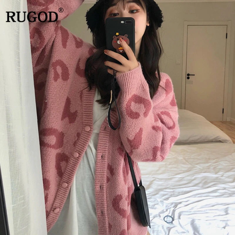 RUGOD Модные леопардовые женские кардиганы с длинным рукавом вязаный свитер