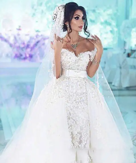 Dubai Mermaid Wedding Dresses with Detachable Skirt Womens Events Dress for Weddings Pearls Lace Bridal Gowns Sweetheart | Свадьбы и