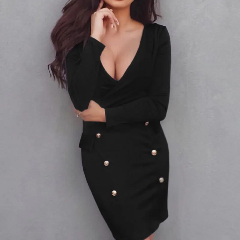

Women Office Style Solid Button Dress 2018 Autumn Winter Bodycon Mini Dresses Sexy V Neck Fashion Ladies Long Sleeve Vestidos