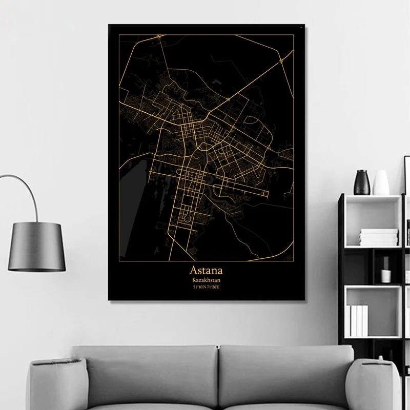 Astana Kazakhstan Asuncion Paraguay Athens Greece Modern City Gold Map Canvas Art Print Home Room Decor Poster | Дом и сад