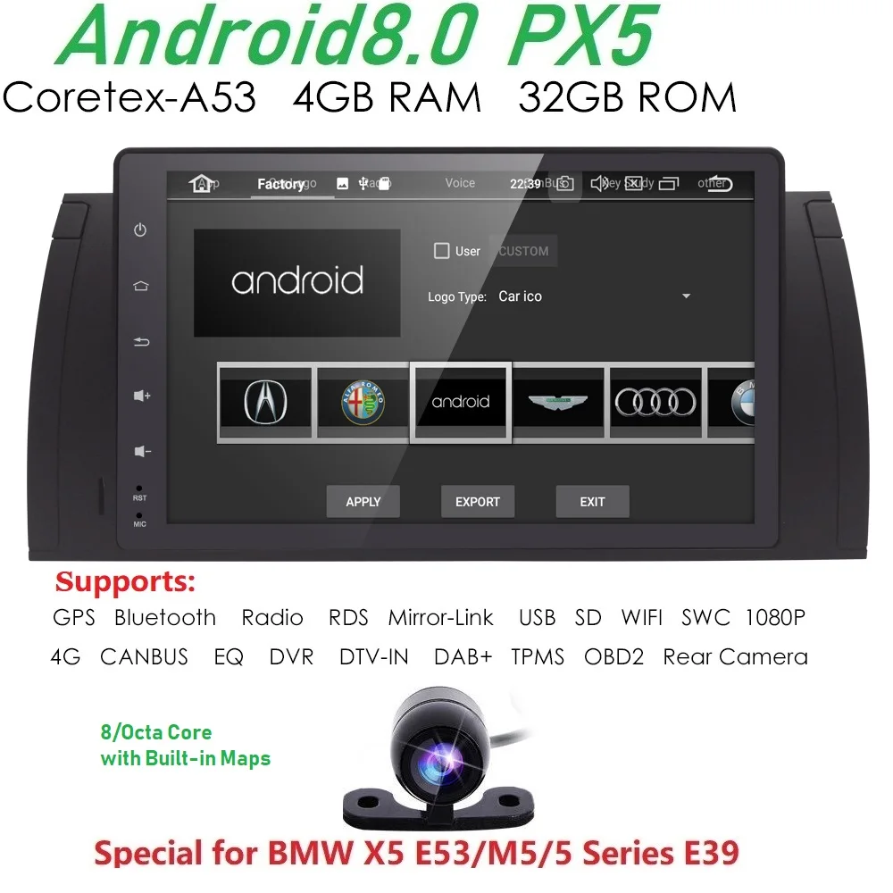 9-дюймовый Android8.0 PX5 Autoaudio для bmw E39 X5 gps-навигации 4 Gwifi BT canbus радио RDS 8 OctaCore 1024x600 obd2 dvr