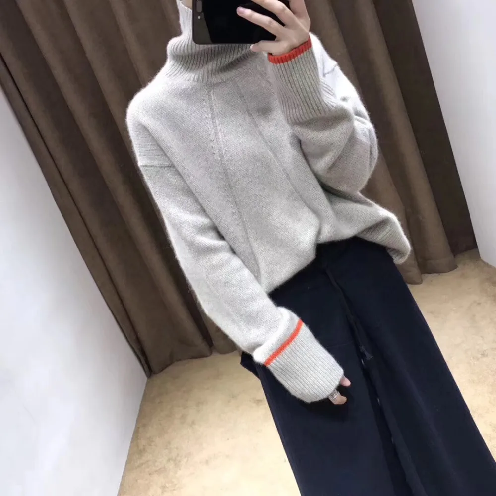 Women's Long Sleeve Turtleneck Mink Cashmere Sweater Women Autumn Winter Navy Blue Grey Oversized Sweaters Casual Pullover Tops | Женская
