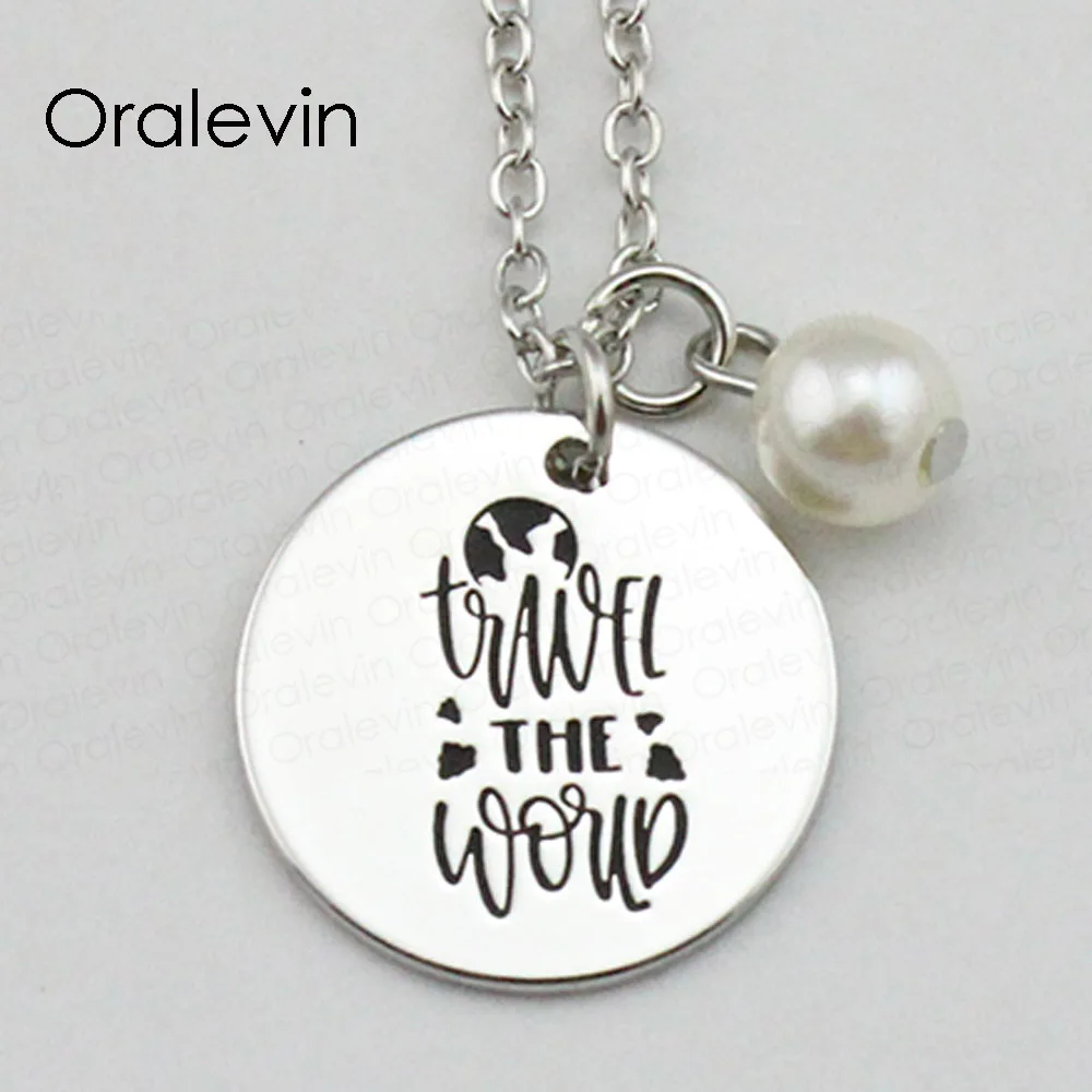 

TRAVEL THE WORLD Inspirational Hand Stamped Engraved Glamour Pendant Necklace for Women Nice Gift Jewelry,10Pcs/Lot, #LN1850