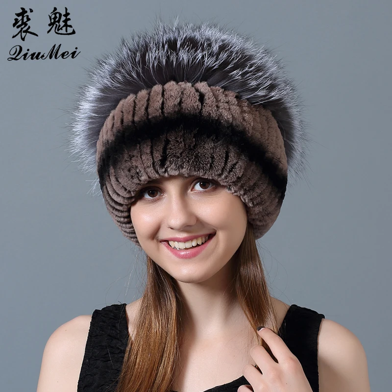 Женские меховые шапки QiuMei с помпонами из натурального меха лисы вязаные для