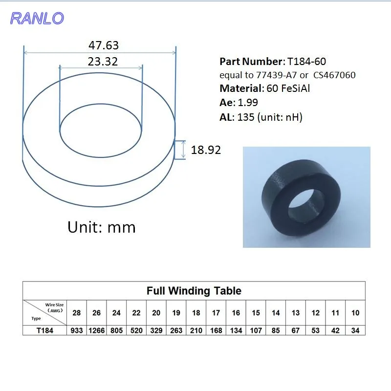 RANLO Sendust тороидальный сердечник 2 шт. модель CS467060 77439 A7 OD * ID HT 48*23*19 мм AL: 135nH/N2 Ue: 60|als
