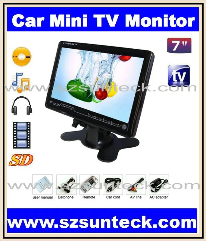 Бесплатная доставка новый пункт 7 дюйма автомобиль мини ТВ ЖК-монитор с usb и sd