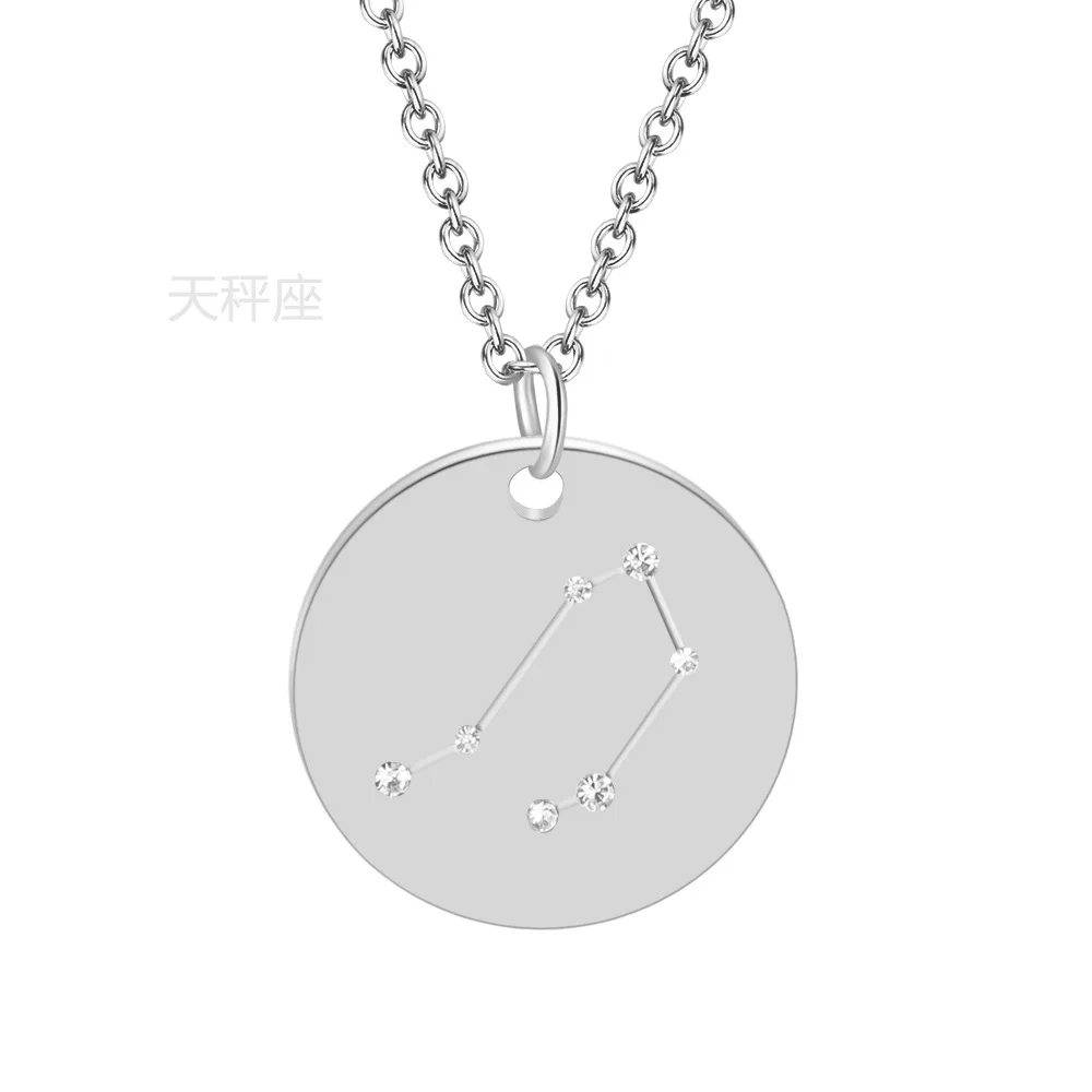 Libra Silver Нержавеющая сталь Золото Серебро Созвездие Подвеска Ожерелье для женщин круглые Чокеры CZ ожерелье знаки ожерелье со знаком зодиака подарок - Окраска металла: Libra Silver