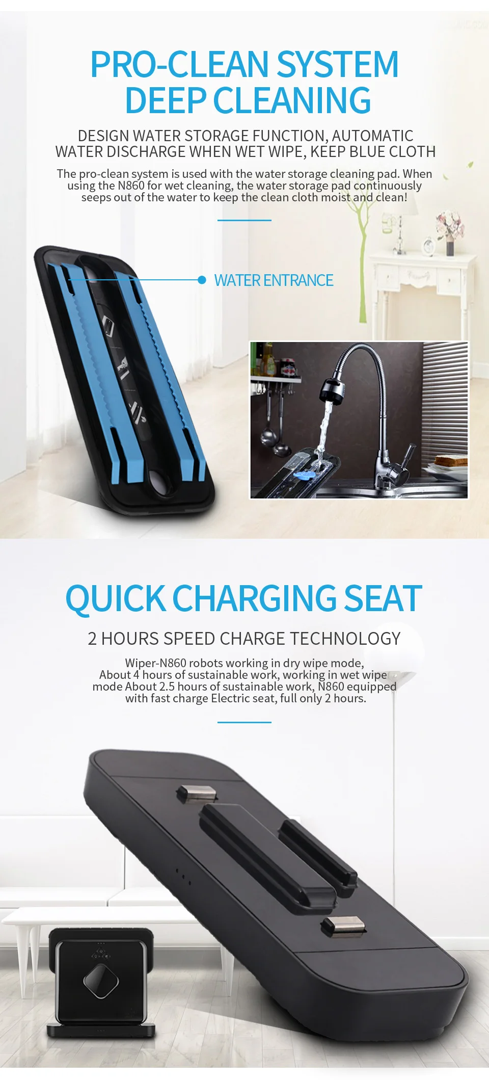 Wipper-N860 Расширенный робот Mop-Влажные уборки и сухой уборки режимов, большие пространства