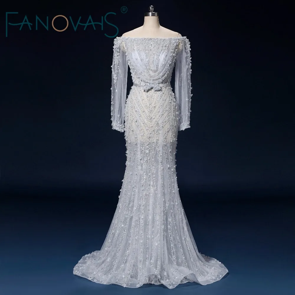 Синий серебряный вечерние платья с длинными рукавами роскошь плеча Vestido de Festa