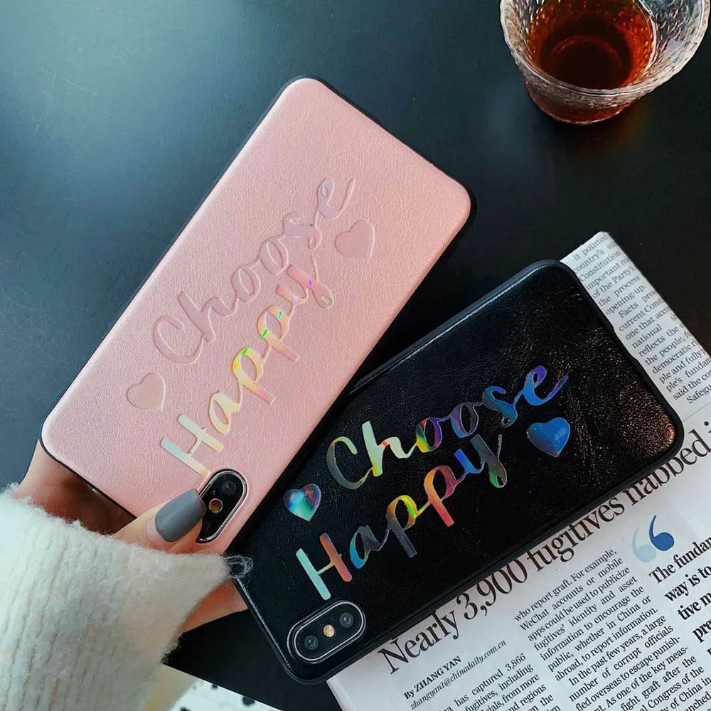 OTAO Leather Letter Phone Case For iPhone XS MAX XR X 8 7 6 6s Plus Bling Cases Laser Star Love Cartoon Cover Solid Color |