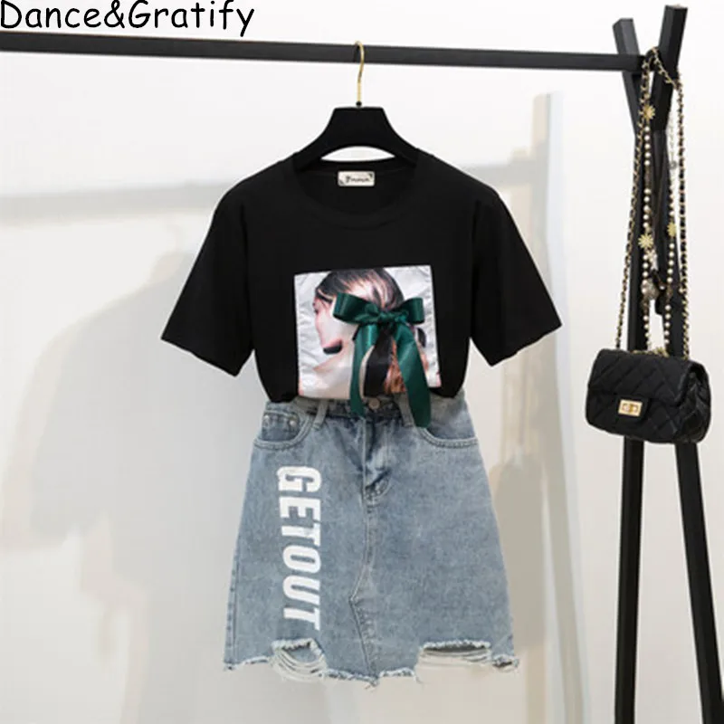 Women Bow Appliques Tshirt +Letter Denim Shorts 2PCS Sets Short Sleeve Cotton Tops + Jeans Mini Clothing Suits | Женская одежда