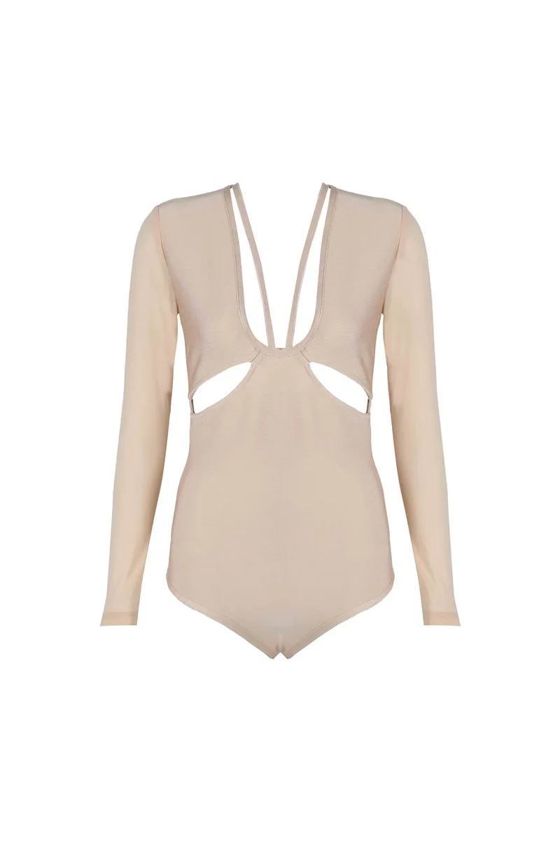 Black Apricot Long Sleeve V Neck Hollow Out Rayon Bandage Bodysuit Women Bikini