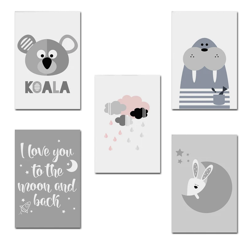 Картина на холсте с минималистичным изображением мультяшных животных - коалы и тюленя, декор для детской комнаты или современного дома.