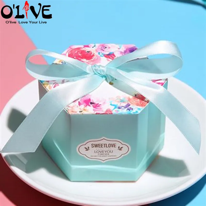 20 Pcs Gift Box Candy Boxes Party Favors Wedding Bonbonniere Hexagon Starry Sky Bow Paper Box Chocolate Sugar Dragees Sweets - Цвет: Colored Blue
