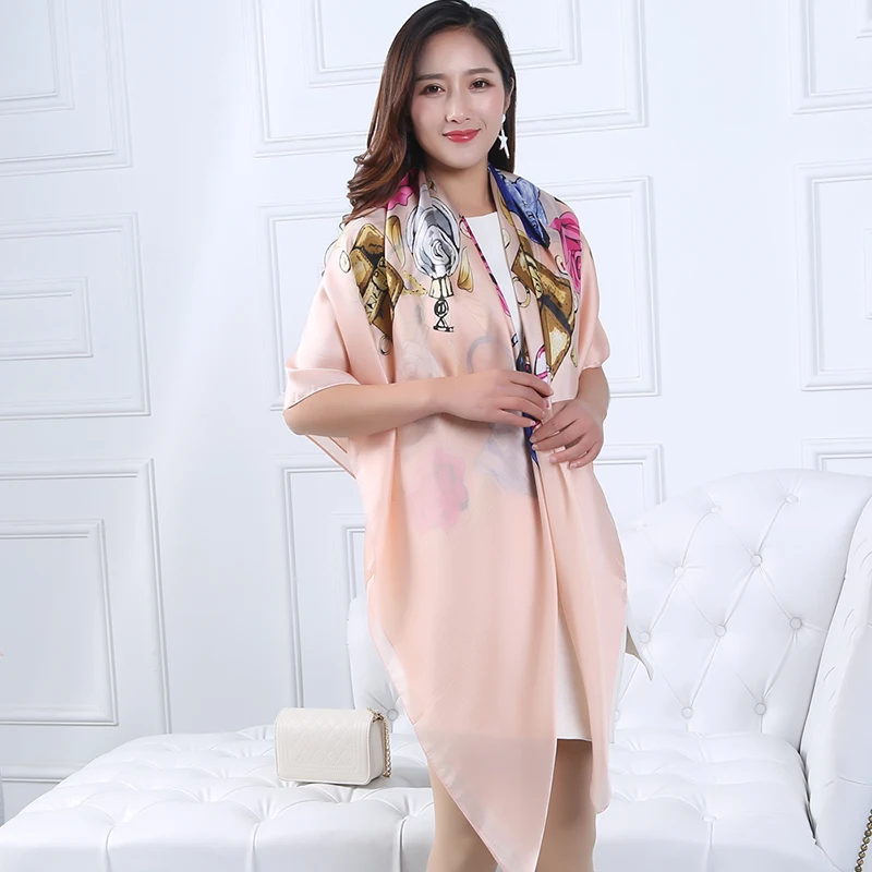 140cm*140cm Free Shipping New Arrival Women PINK Print Flower oil painting square silk scarf women royal pashmina female 2017 | Аксессуары